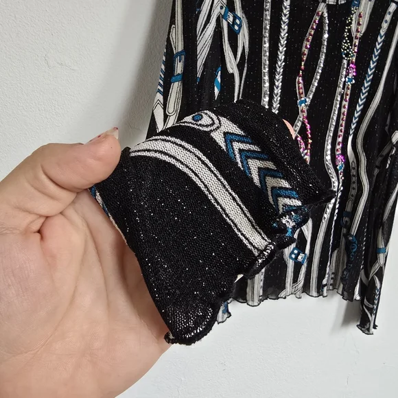 AZI Jeans Sheer Mesh Belt Print Beaded Y2K Top Size M - Picture 5 of 16